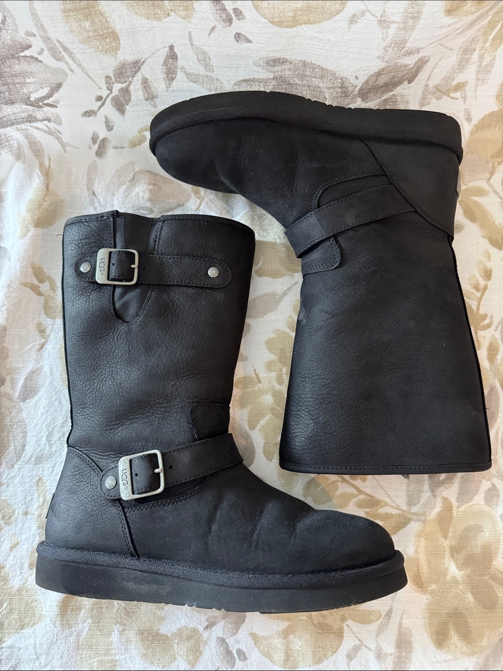 UGG Sutter Black Mid-Calf Leather Buckle Boots
